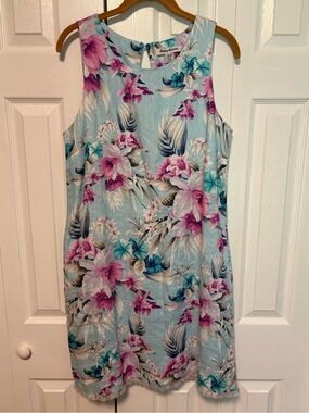 Tommy Bahama 100% Linen Floral Dress with Raw Edge Hemline - Light Blue & Pink